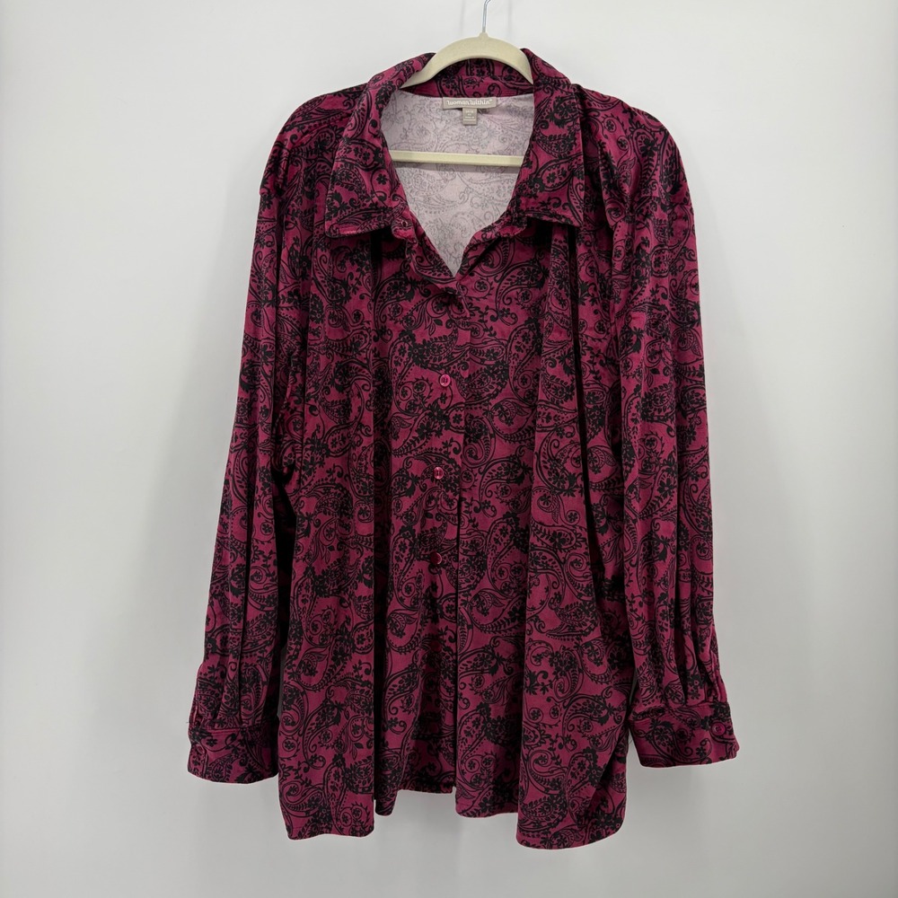 Woman Within Womens 4X Magenta Paisley Button Up Flocked Stretch Shirt